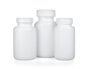 white plastic medical containers for pills isolated on white background