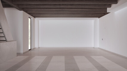 Fototapeta premium Empty room interior design, open space with resin floor, window and white walls, dark wooden beams ceiling, minimal modern architecture concept idea