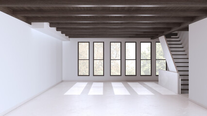 Empty room interior design, open space with resin floor, window and white walls, dark wooden beams ceiling and staircase, minimal modern architecture concept idea