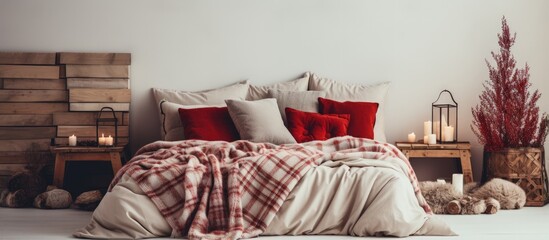 Comfortable bedroom with red cushions embodying hygge