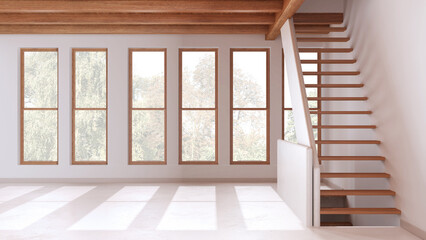 Empty room interior design, open space with resin floor, window and white walls, wooden beams ceiling and staircase, minimal modern architecture concept idea
