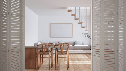 White folding door opening on minimalist dining and living room, parquet floor and staircase, architect designer concept