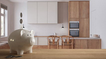 Wooden table top or shelf with white piggy bank with coins, minimal scandinavian kitchen, expensive home interior design, renovation restructuring concept architecture - obrazy, fototapety, plakaty