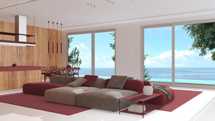 Minimal modern wooden kitchen and living room in white and red tones. Sofa, island with chairs and panoramic window with infinite pool and sea landscape. Luxury interior design