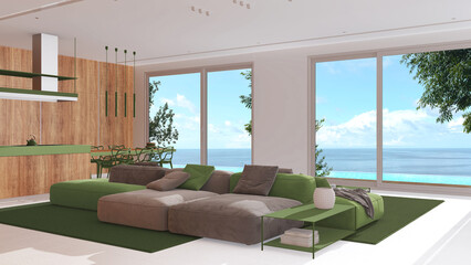 Minimal modern wooden kitchen and living room in white and green tones. Sofa, island with chairs and panoramic window with infinite pool and sea landscape. Luxury interior design
