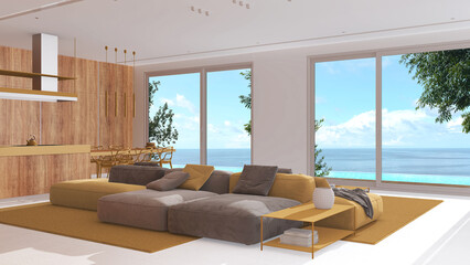Minimal modern wooden kitchen and living room in white and yellow tones. Sofa, island with chairs and panoramic window with infinite pool and sea landscape. Luxury interior design