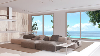 Minimal modern bleached wooden kitchen and living room in white and beige tones. Sofa, island and panoramic window with infinite pool and sea landscape. Luxury interior design - obrazy, fototapety, plakaty
