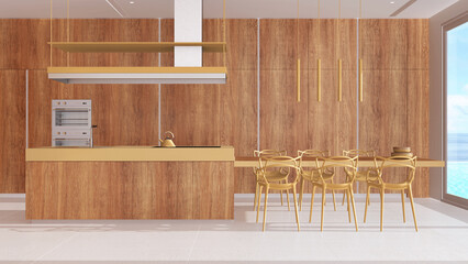 Minimal kitchen in white and yellow tones with cabinets and island with chairs. Panoramic window with sea landscape. Modern mediterranean interior design