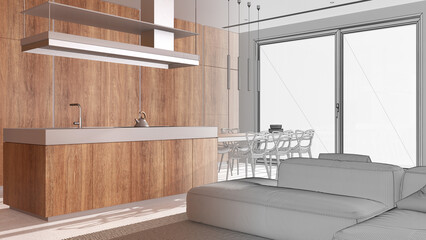 Architect interior designer concept: hand-drawn draft unfinished project that becomes real, minimal modern wooden kitchen and dining room, living room with sofa. Luxury style