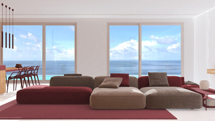 Minimal modern panoramic living room with velvet sofa in white and red tones. Resin floor, carpet and windows over sea landscape. Luxury interior design