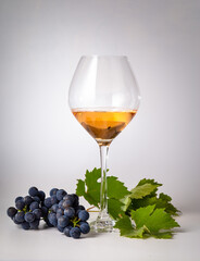 Rose wine in a glass and dark grapes on a light background