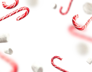Kussenhoes Cut out flying traditional Christmas candy cane, lollipop, white marshmallows isolated on white background. With clipping path. Creative new year food mockup. Festive decor, Christmas holiday symbol © olgaarkhipenko