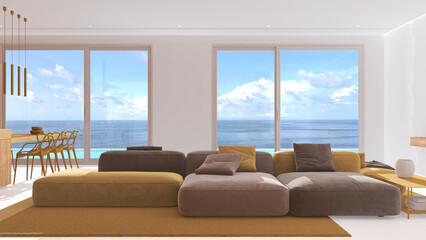 Minimal modern panoramic living room with velvet sofa in white and yellow tones. Resin floor, carpet and windows over sea landscape. Luxury interior design