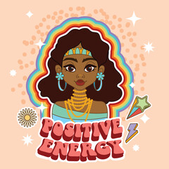 Positive energy. a groovy hippie girl. rainbow postcard, poster