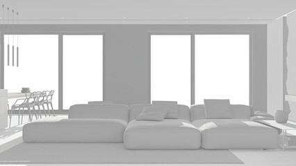 Total white project draft, minimal modern panoramic living room with velvet sofa in white and green...