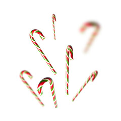 Cut out flying traditional Christmas candy cane, lollipop isolated on white background. With clipping path. Creative new year food mockup. Festive decor, Christmas holiday symbol, decoration