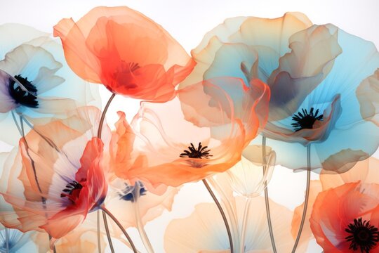 A vivid painting of a bouquet of poppies and coquelicots bursting with blue and orange petals captures the beauty and wildness of nature