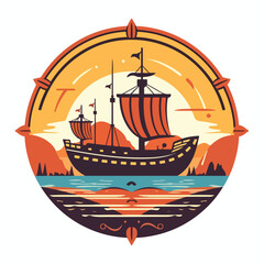 vintage retro big pirates ship sailboat sailing on the ocean water logo badge vector illustration