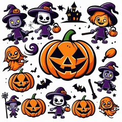 Happy Halloween party posters set with night clouds and pumpkins in paper cut style. Vector illustration. Full moon, witch cauldron, spiders web and flying bat. Place for text. Brochure background