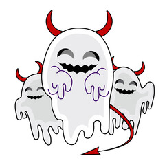 three cute Halloween ghost with their horns and devil tail.