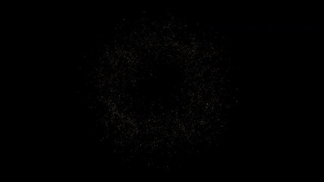 4k Gold Particles Explosion. Motion Background. Golden glitter particle. Shockwave burst. Isolated on black. Animated Overlay. 2160p. 60 fps