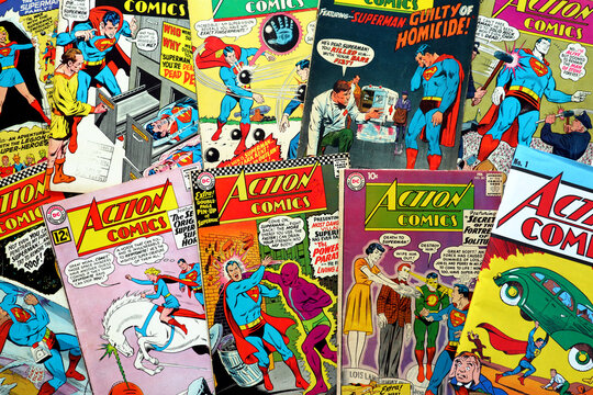 Los Angeles, California –  September 14, 2023: Vintage Covers of ACTION COMICS - DC Comics. American Comic book with Superman and Supergirl the first major superhero characters 