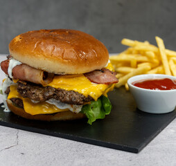 Delicious fast food burgers, MEGA Burger fries ketchup