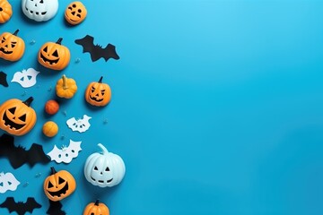 Happy halloween holiday concept flat lay on blue