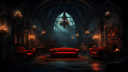 Fantasy interior with red sofa and armchairs in a dark room