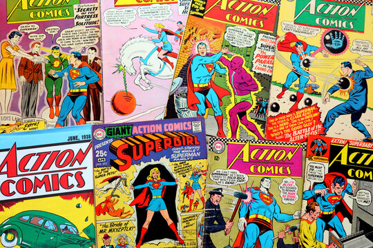 Los Angeles, California &ndash;  September 14, 2023: Vintage Covers of ACTION COMICS - DC Comics. American Comic book with Superman and Supergirl the first major superhero characters 