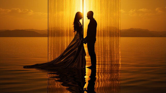 luz dourada vindo de dentro para fora da silhueta do casal 