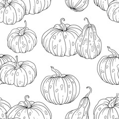 Elegant floral Seamless pattern with outline pumpkins. Thanksgiving Background. Line Art Pumpkin Seamless Background 