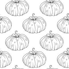 Elegant floral Seamless pattern with outline pumpkins. Thanksgiving Background. Line Art Pumpkin Seamless Background 