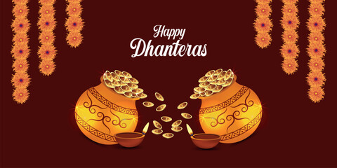 Dhanteras festival decorative card with golden kalash