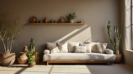 Modern Boho Minimalist Living Room with Beige Sofa and Terra Cotta Cushions