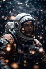 Astronaut spaceman in outer space. Close up. Science fiction theme