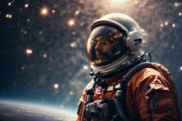 Astronaut spaceman in outer space. Close up. Science fiction theme
