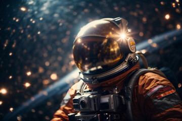 Fototapeta premium Astronaut spaceman in outer space. Close up. Science fiction theme