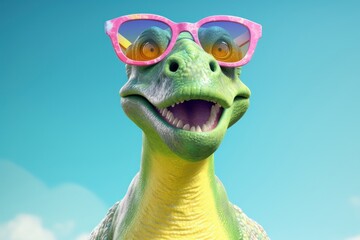 Funny dinosaur with sunglasses on blue sky background. 3d illustration.