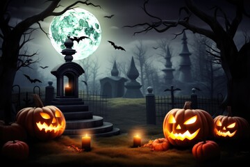 Fototapeta premium Jack-O-Lantern In Cemetery In Spooky Night