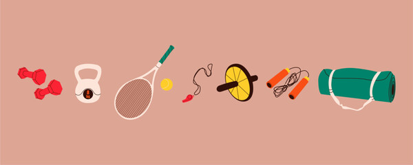 Vector flat illustration set of sports equipment. Sports Day. Items of different sports, dumbbells, racket, kettlebell, ball, rope, whistle, roller.