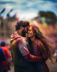 Fototapeta premium Embrace in Color: A Couple's Love Amidst the Hues of Holi Festival