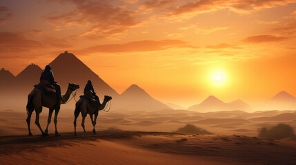a group of Bedouins on camelback, silhouetted against the warm hues of a desert sunset near the Pyramids of Giza. This image captures the romance and grandeur of desert travel in Egypt." commercial
