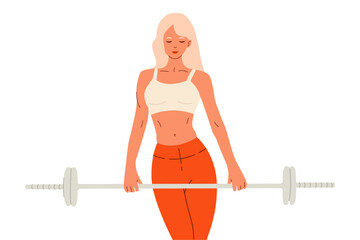 Vector set of flat illustration of sports equipment. Sports day. Sports girl with a barbell.