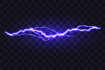 Electric discharge. Purple lightning isolated on transparent background. Flash Light. Realistic lightning glow. Natural phenomenon. Vector illustration. - obrazy, fototapety, plakaty