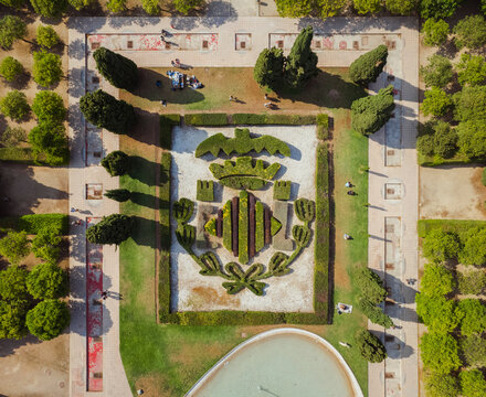 Aerial view of Valencia coat of arms in Turia Park, Valencia, Spain.