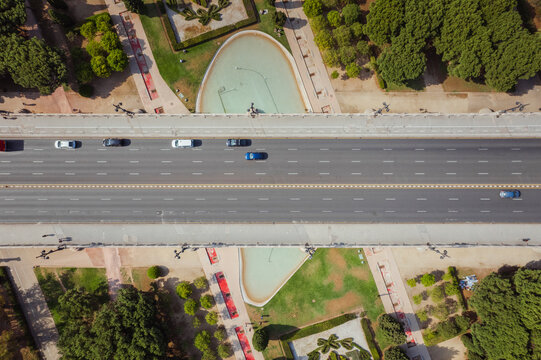 Aerial view of Arago Bridge with cars on the road, Turia Park, Valencia, Spain.