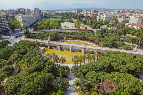 Aerial view of Pont de la Mar in Turia Park, Valencia, Spain.