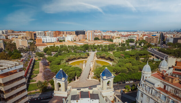 Aerial view of Pont de la Mar in Turia Park, Valencia, Spain.