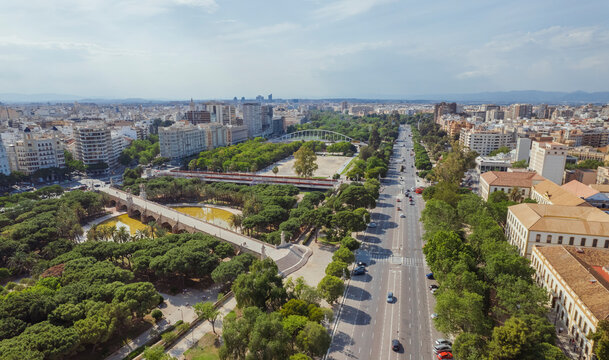 Aerial view of Pont de la Mar in Turia Park, Valencia, Spain.